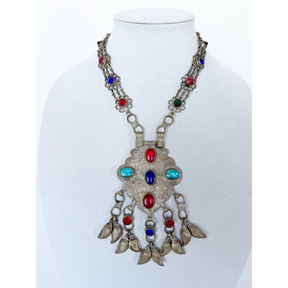 Vintage Afghan Kochi Tribal Necklace Exotic Silver Multicolor Stones Statement